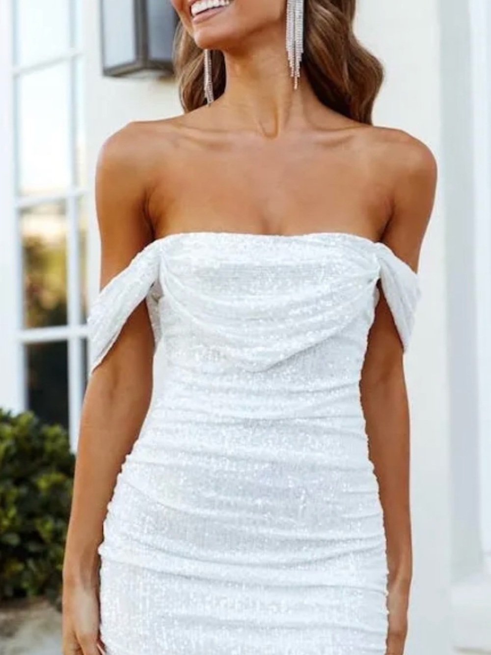 Off-Shoulder White Sequin Hello Molly Dress